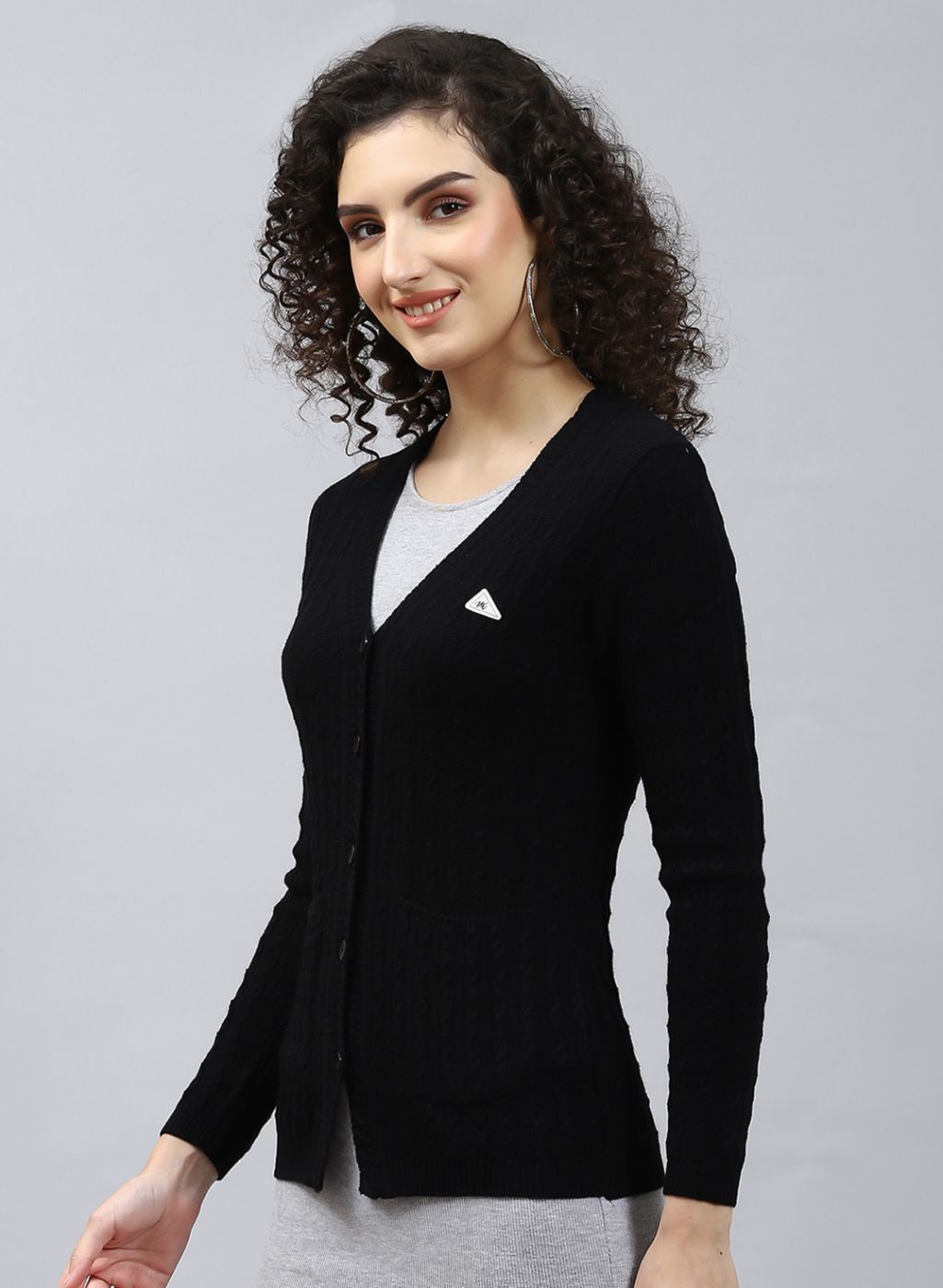 Women Black Self Design Wool blend Cardigan