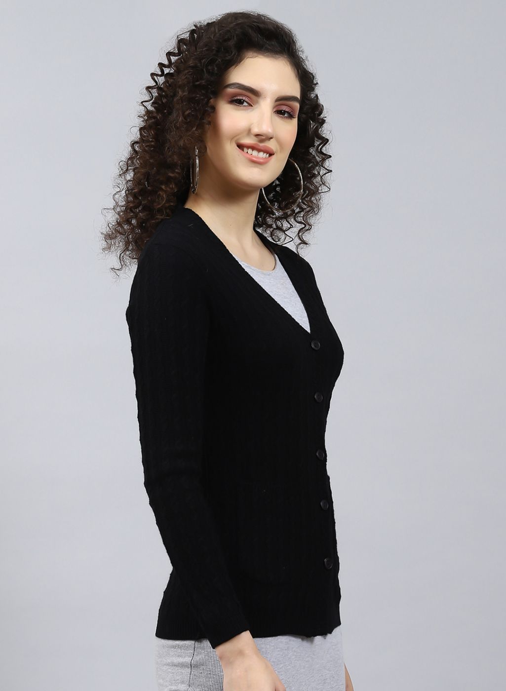 Women Black Self Design Wool blend Cardigan