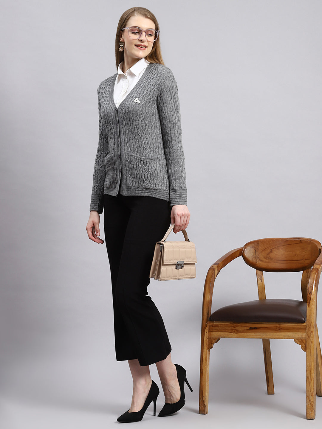 Women Grey Self Cardigan