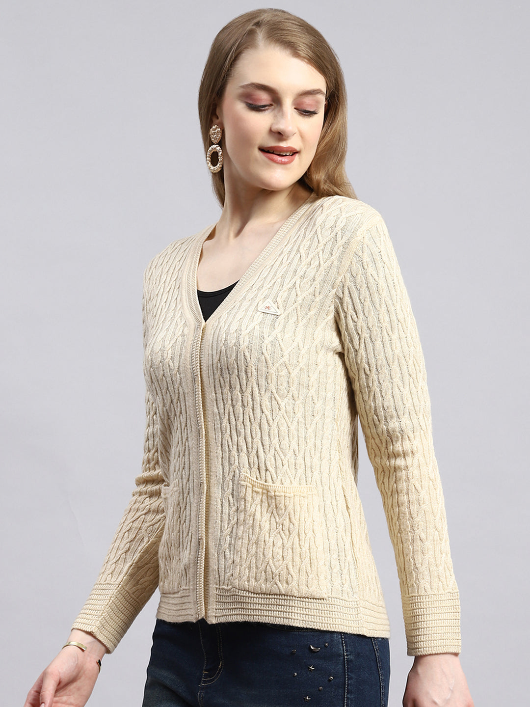 Women Beige Self Cardigan