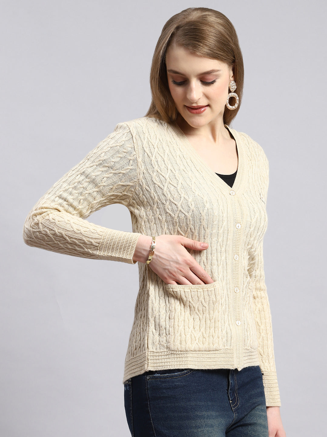 Women Beige Self Cardigan