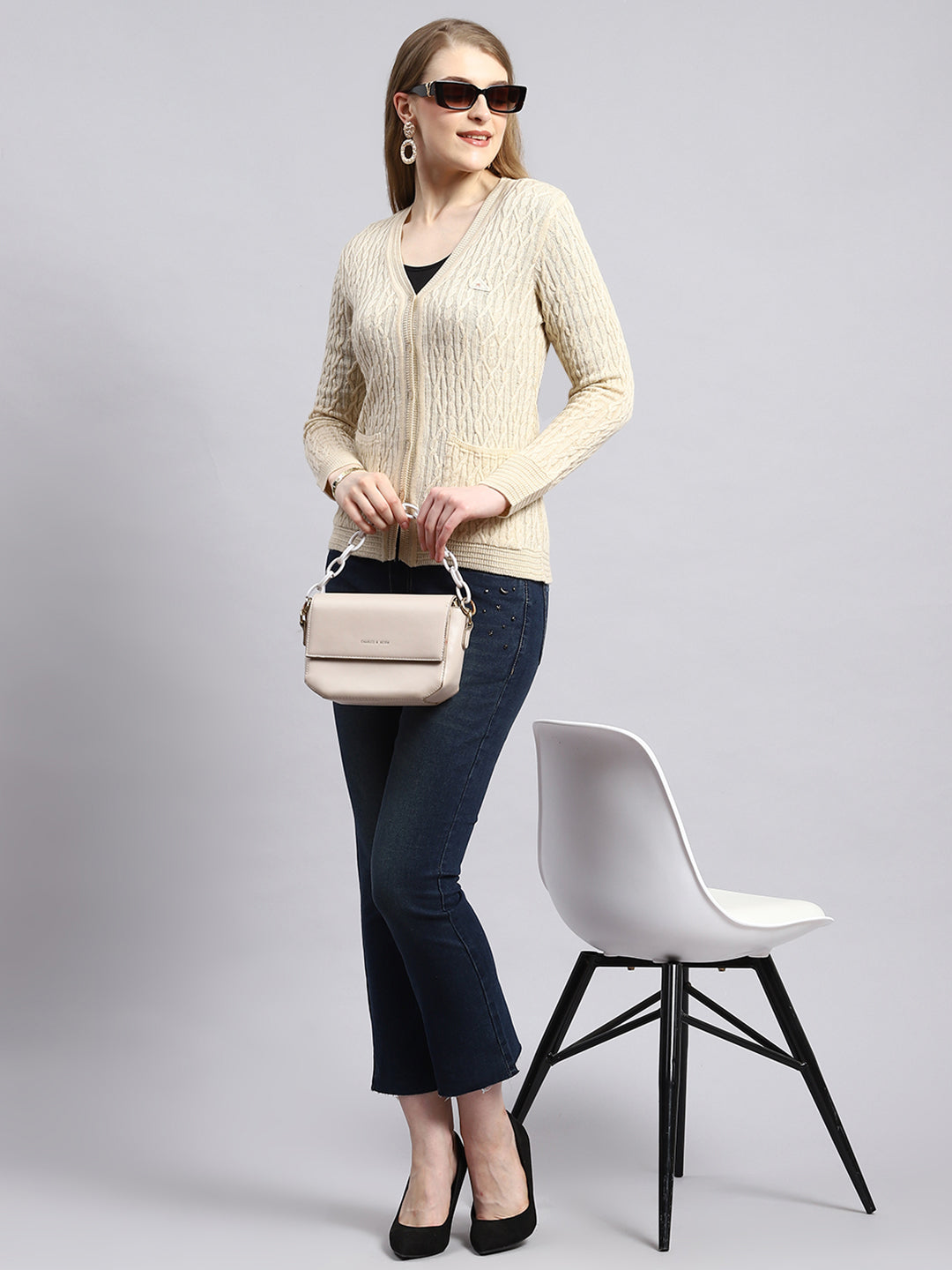 Women Beige Self Cardigan