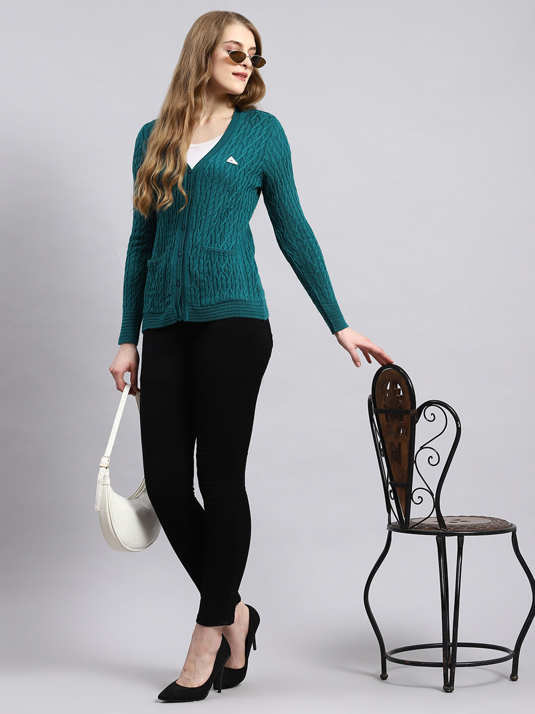 Women Green Self Cardigan