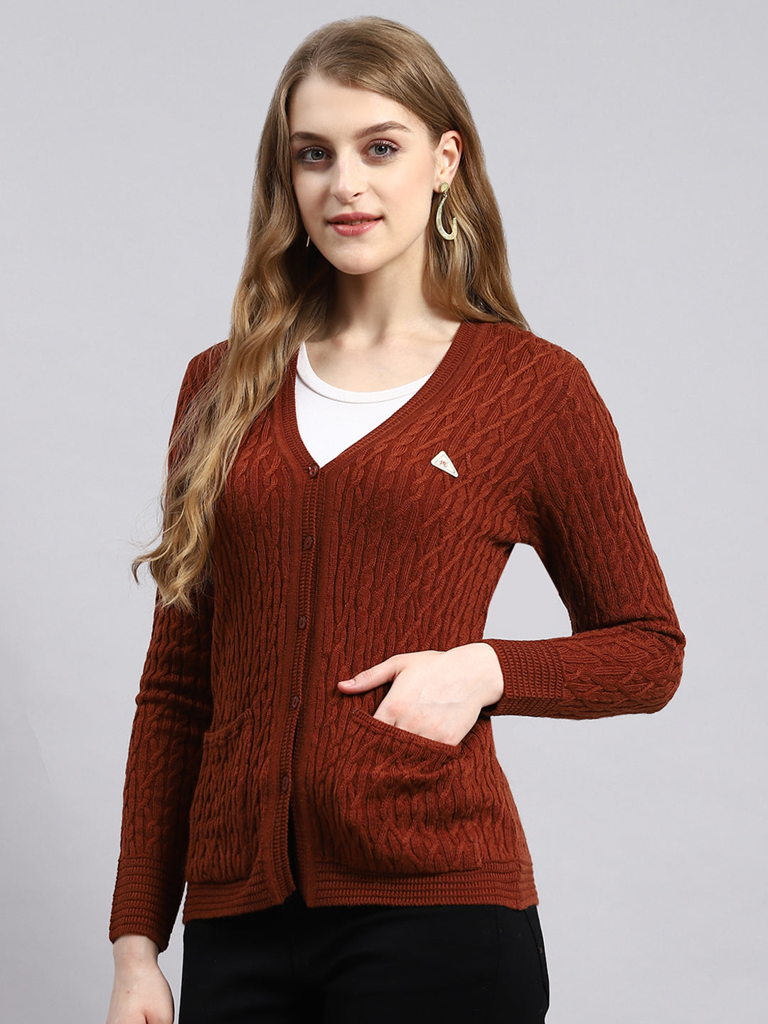 Women Brown Self Cardigan