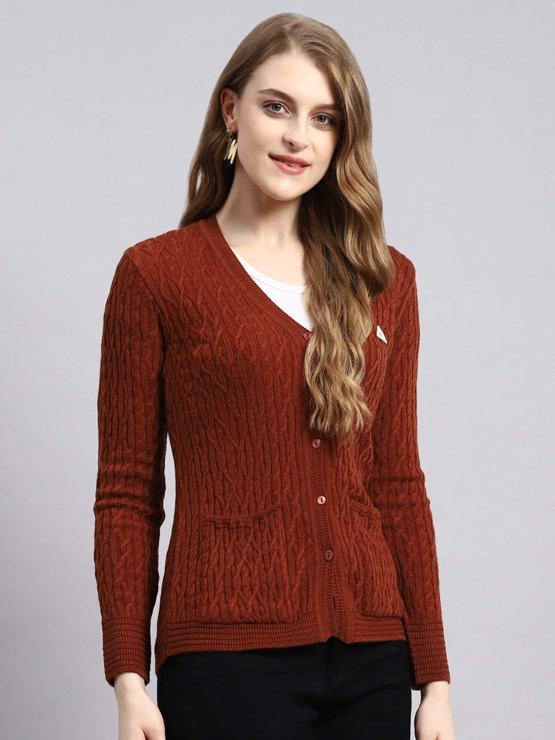 Women Brown Self Cardigan