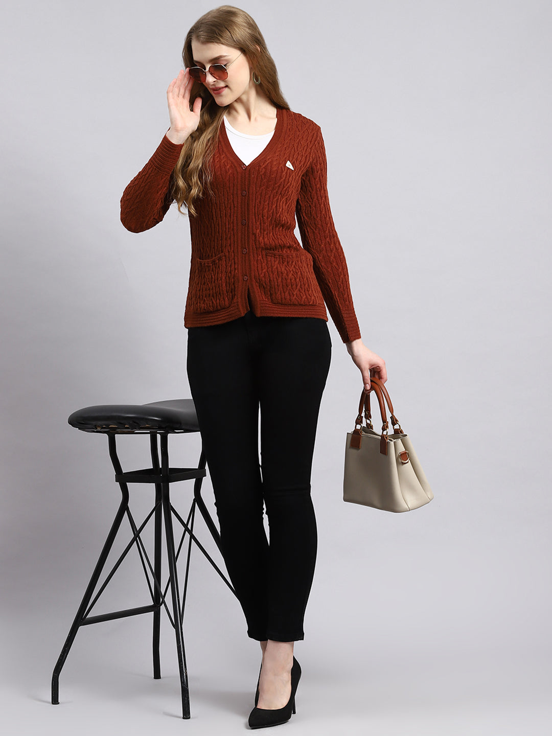 Women Brown Self Cardigan