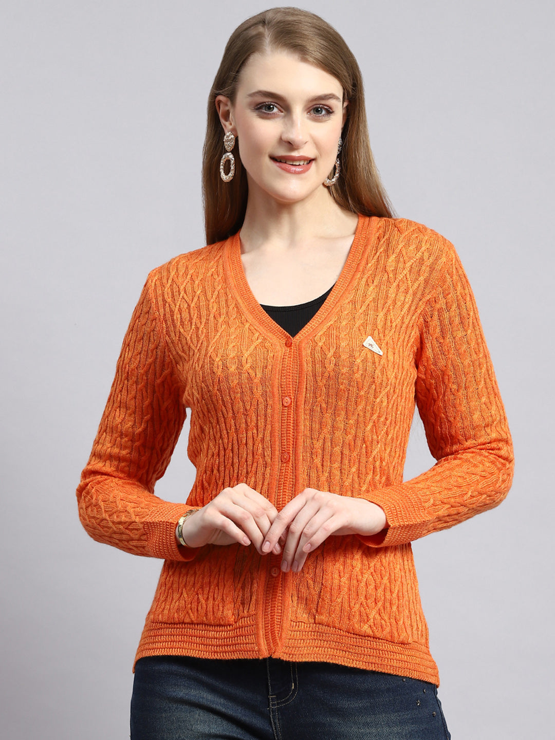 Women Orange Self Cardigan