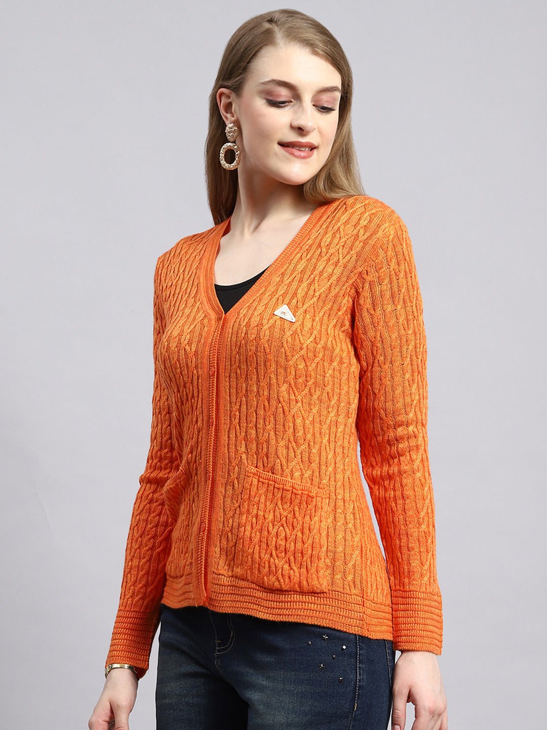 Women Orange Self Cardigan