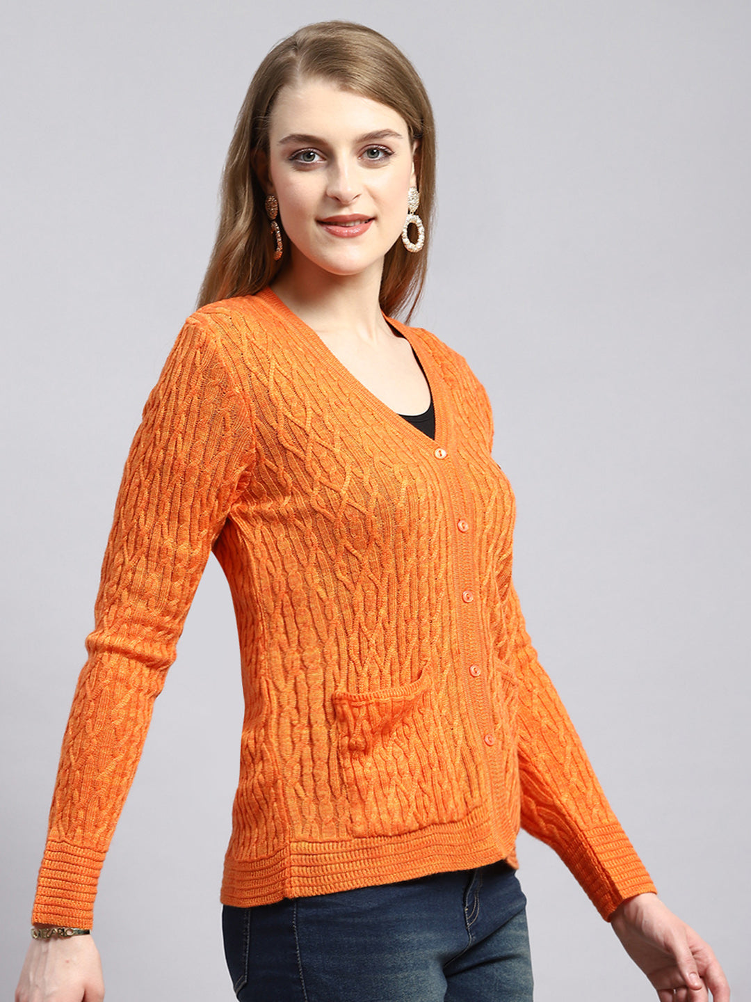 Women Orange Self Cardigan