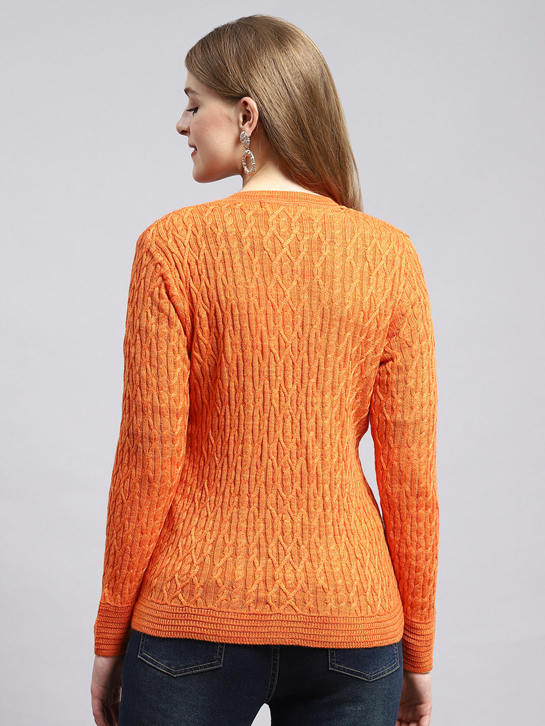 Women Orange Self Cardigan