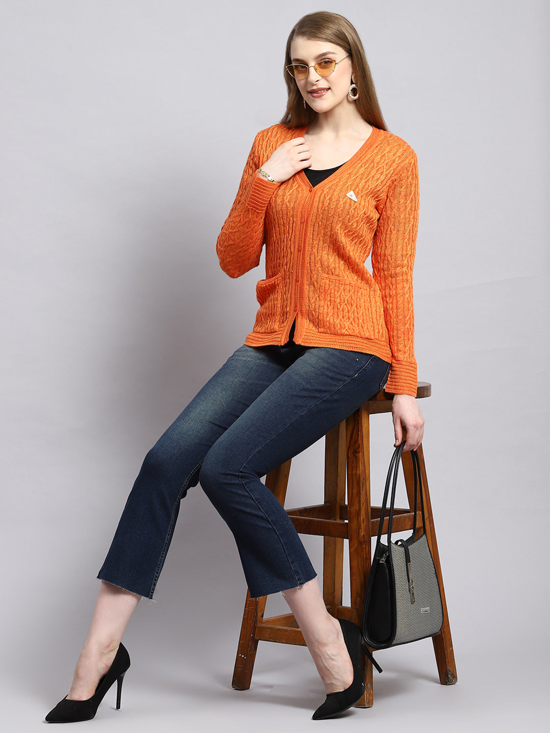 Women Orange Self Cardigan