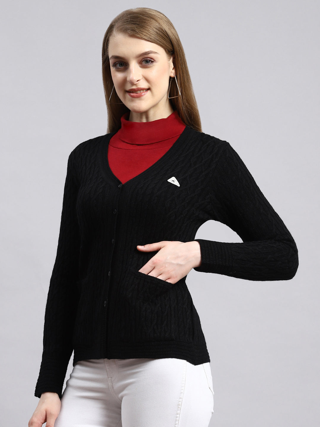 Women Black Self Cardigan