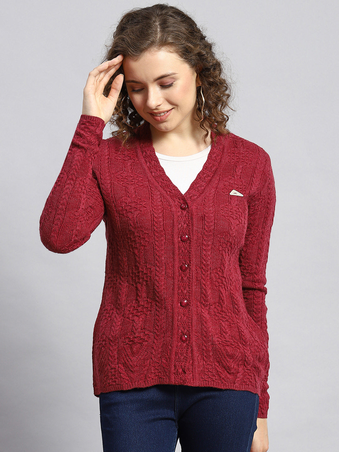 Women Maroon Self Cardigan