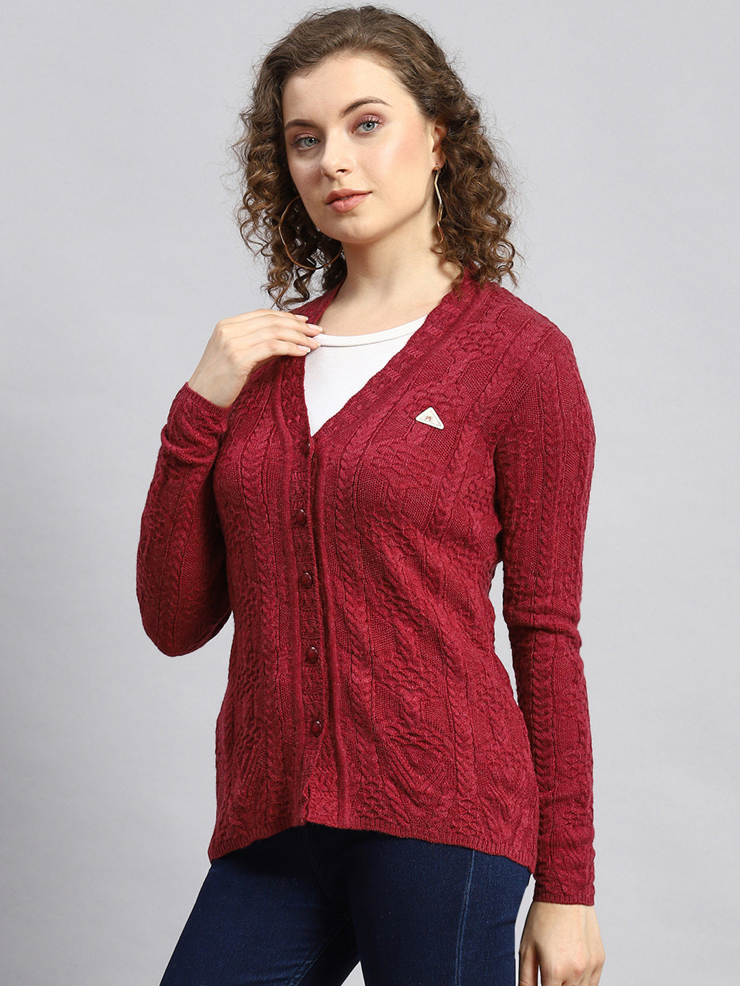 Women Maroon Self Cardigan