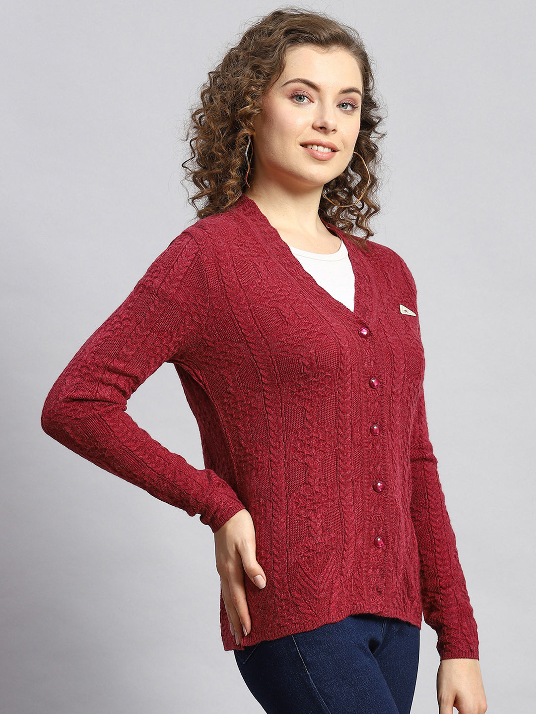 Women Maroon Self Cardigan