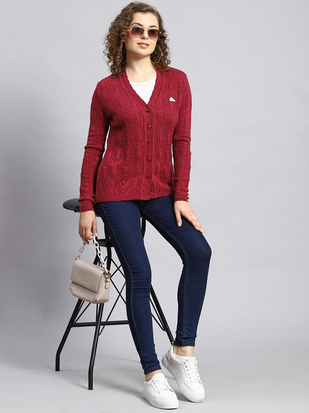 Women Maroon Self Cardigan