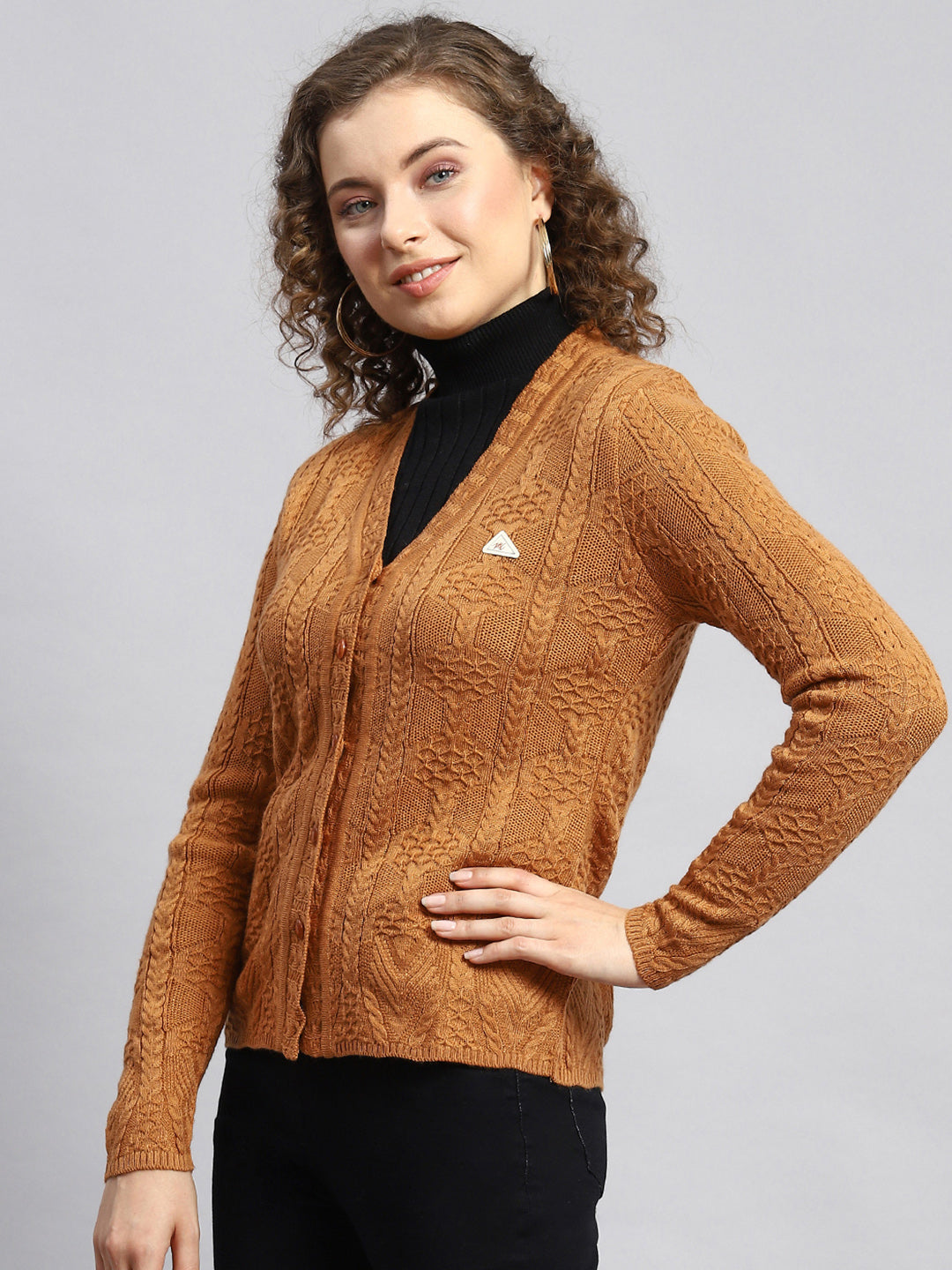 Women Mustard Self Cardigan