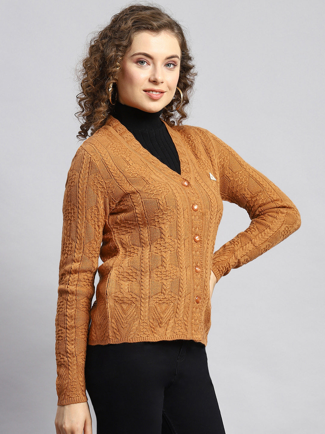 Women Mustard Self Cardigan