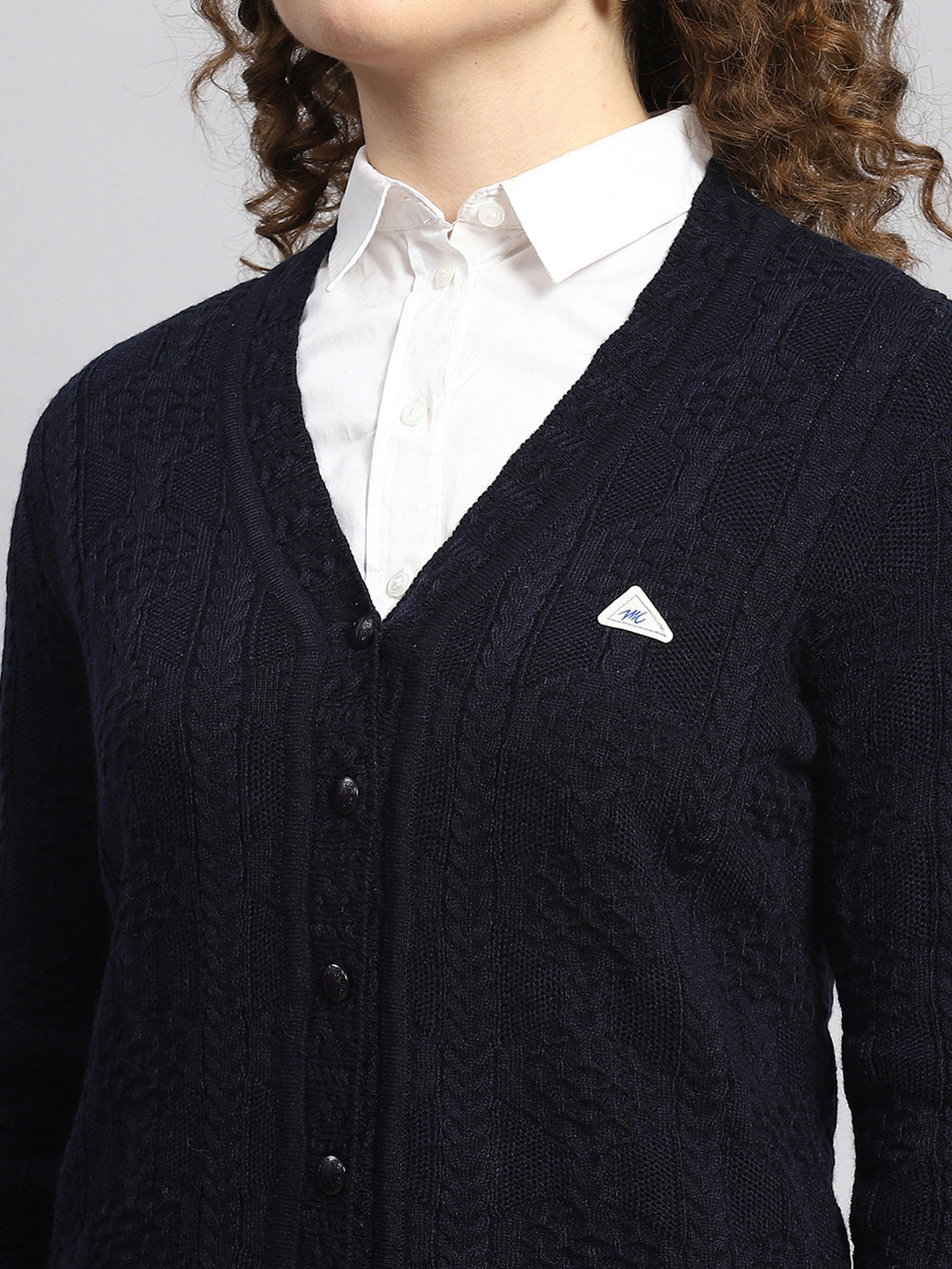 Women Navy Blue Self Cardigan