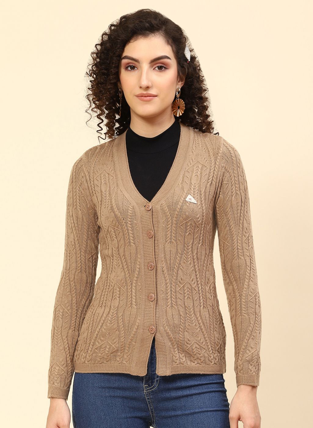 Women Beige Self Design Wool blend Cardigan