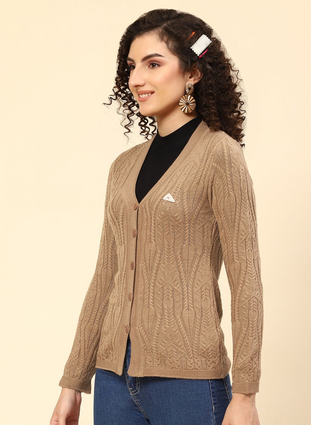 Women Beige Self Design Wool blend Cardigan