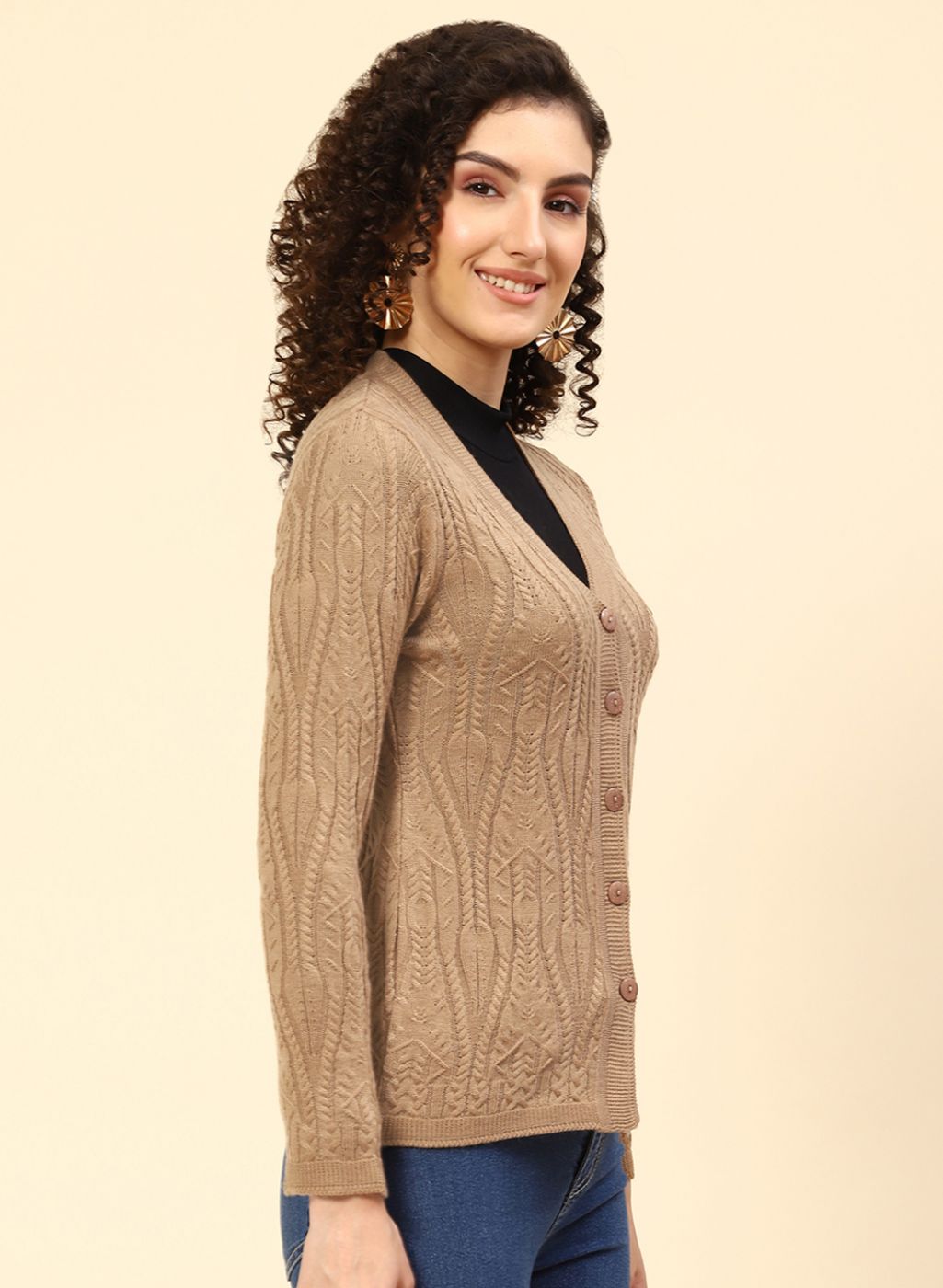 Women Beige Self Design Wool blend Cardigan