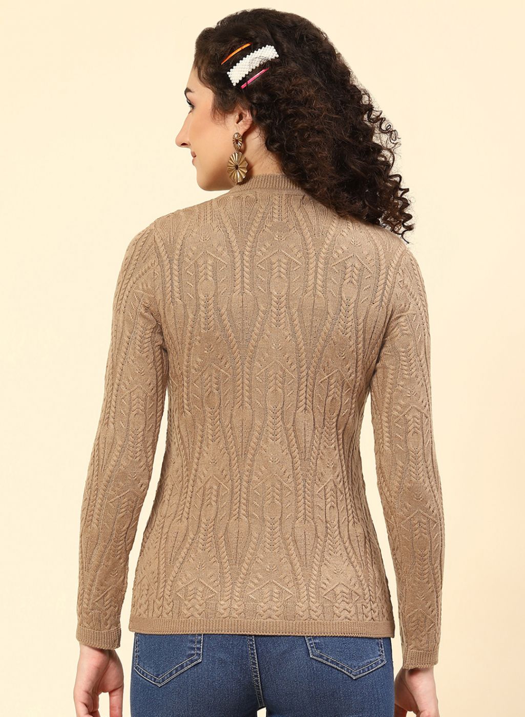 Women Beige Self Design Wool blend Cardigan