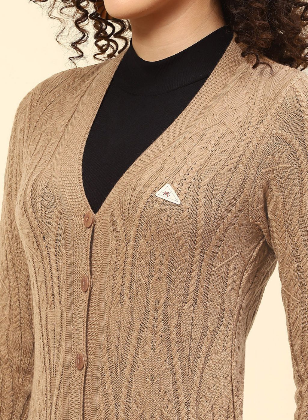 Women Beige Self Design Wool blend Cardigan