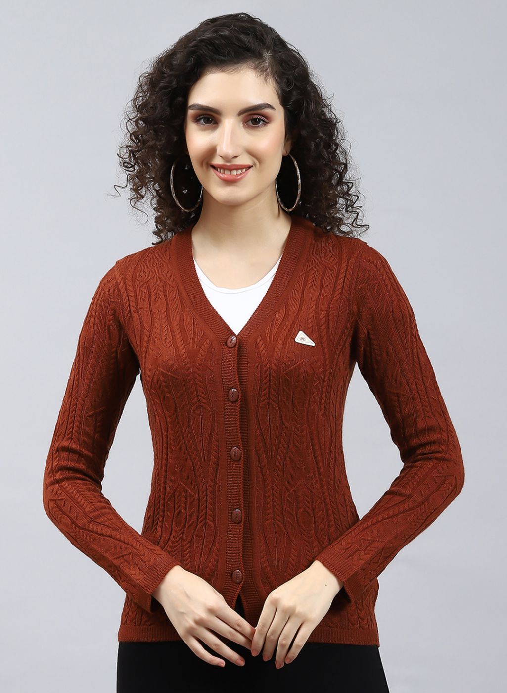 Women Brown Self Design Wool blend Cardigan