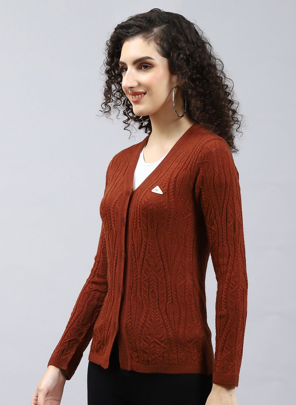 Women Brown Self Design Wool blend Cardigan