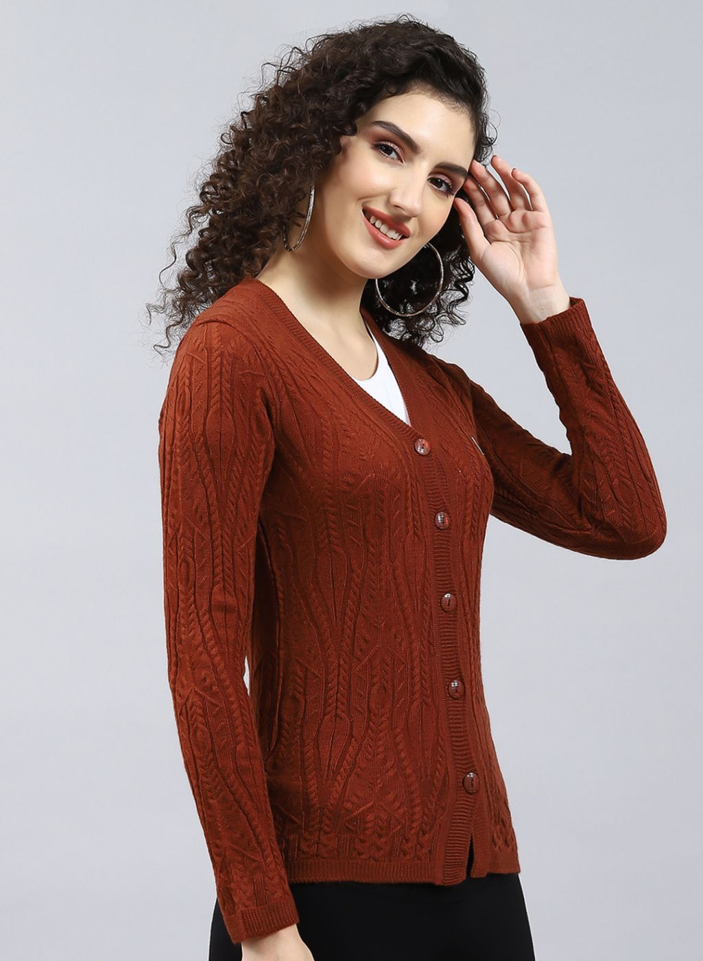 Women Brown Self Design Wool blend Cardigan