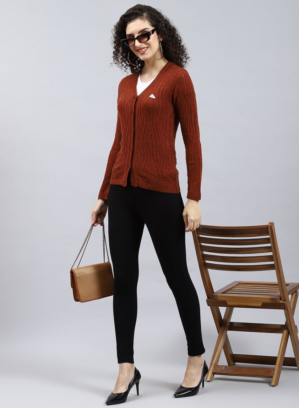 Women Brown Self Design Wool blend Cardigan