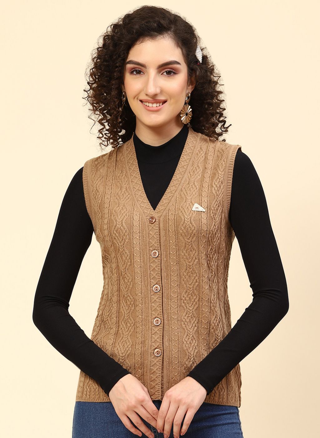 Women Beige Self Design Wool blend Cardigan