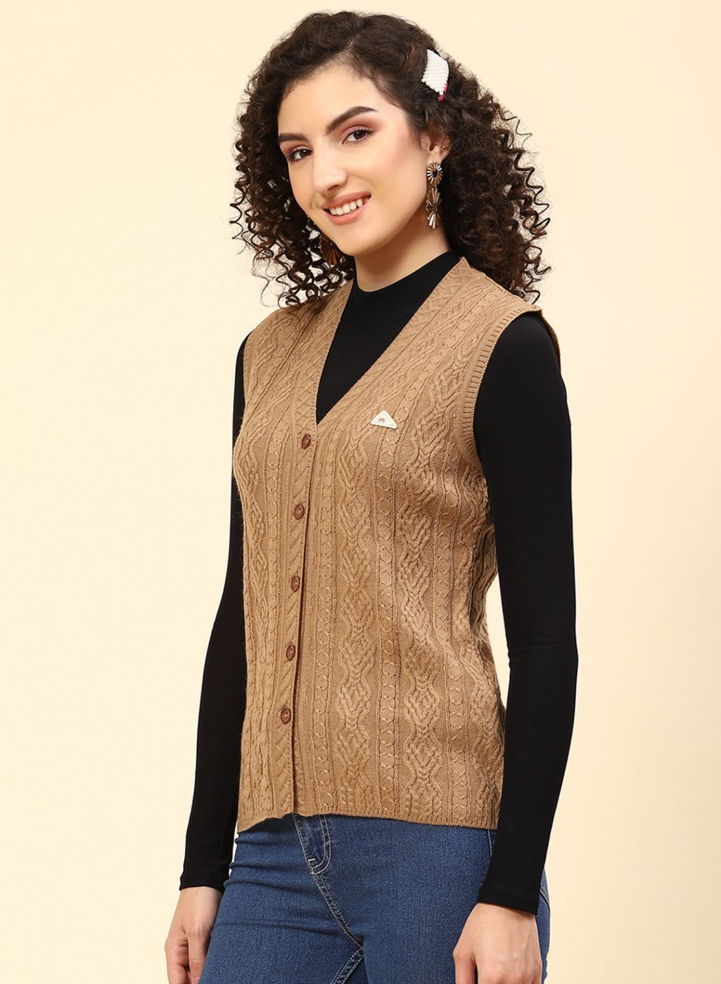 Women Beige Self Design Wool blend Cardigan