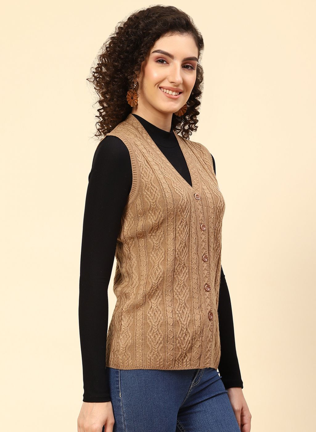 Women Beige Self Design Wool blend Cardigan