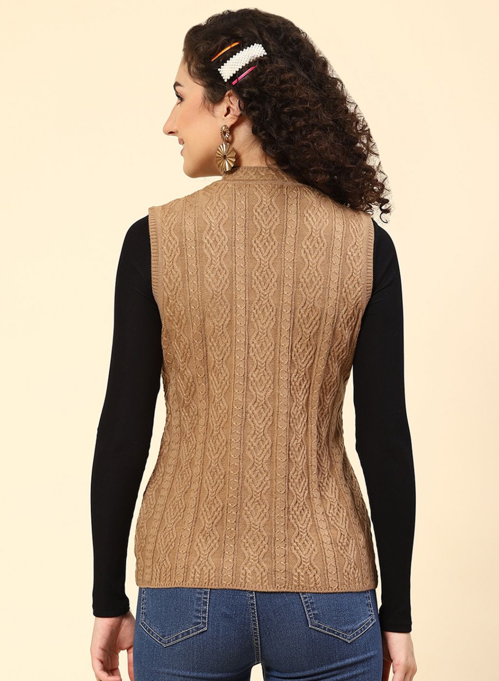 Women Beige Self Design Wool blend Cardigan