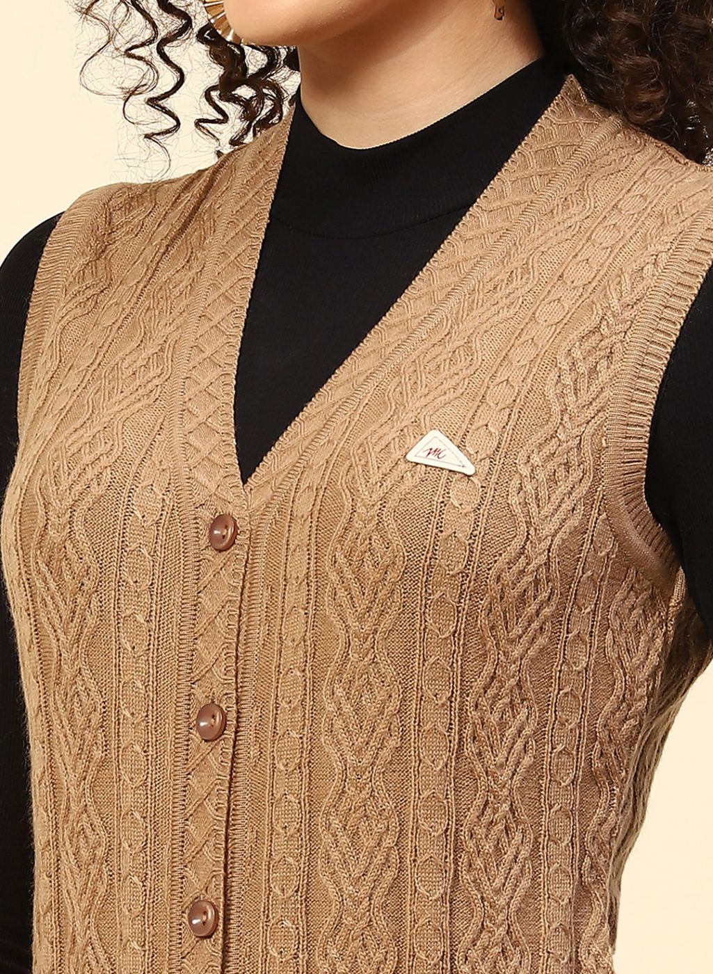 Women Beige Self Design Wool blend Cardigan