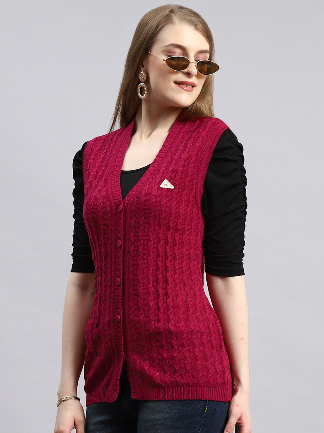 Women Pink Self Cardigan