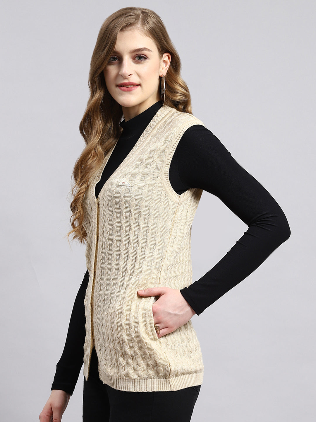 Women Beige Self Cardigan