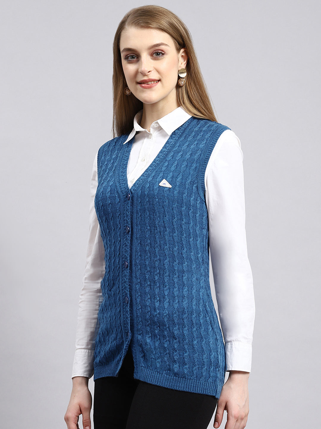 Women Navy Blue Self Cardigan