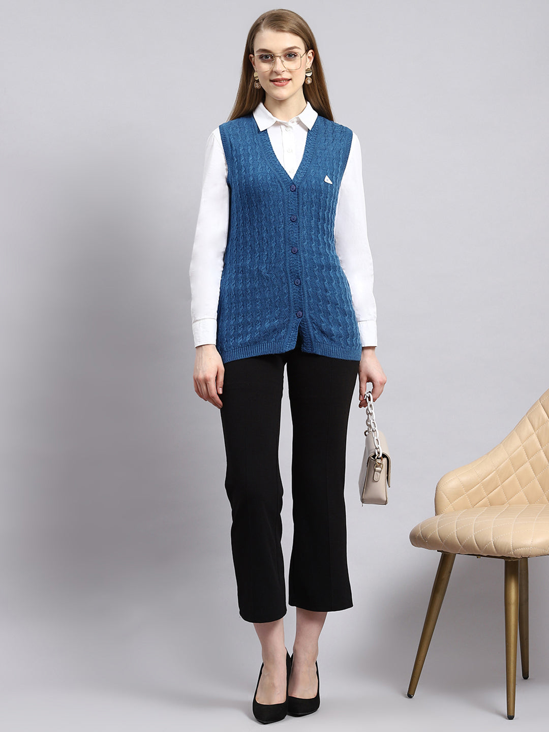 Women Navy Blue Self Cardigan