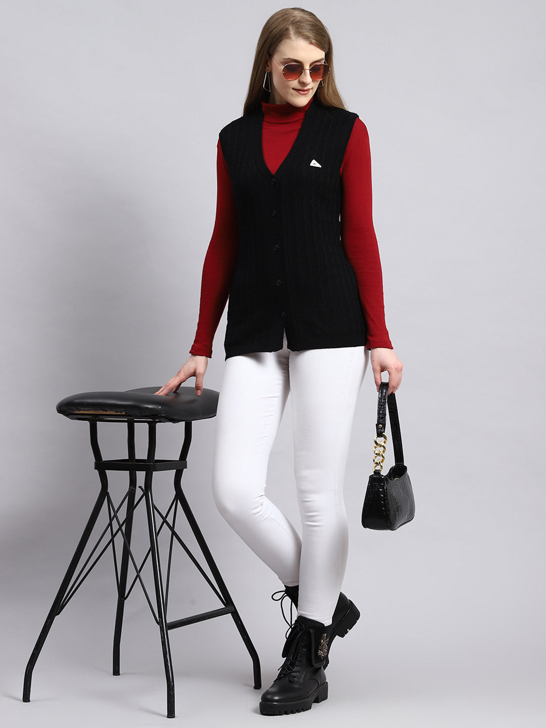 Women Black Self Cardigan