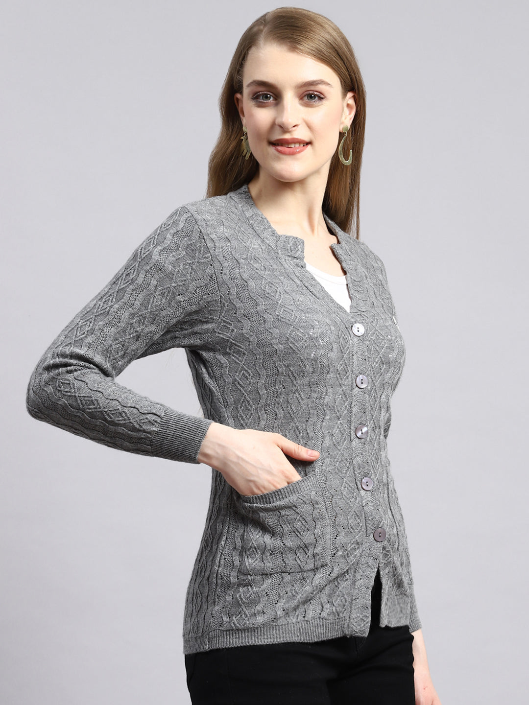 Women Grey Self Cardigan