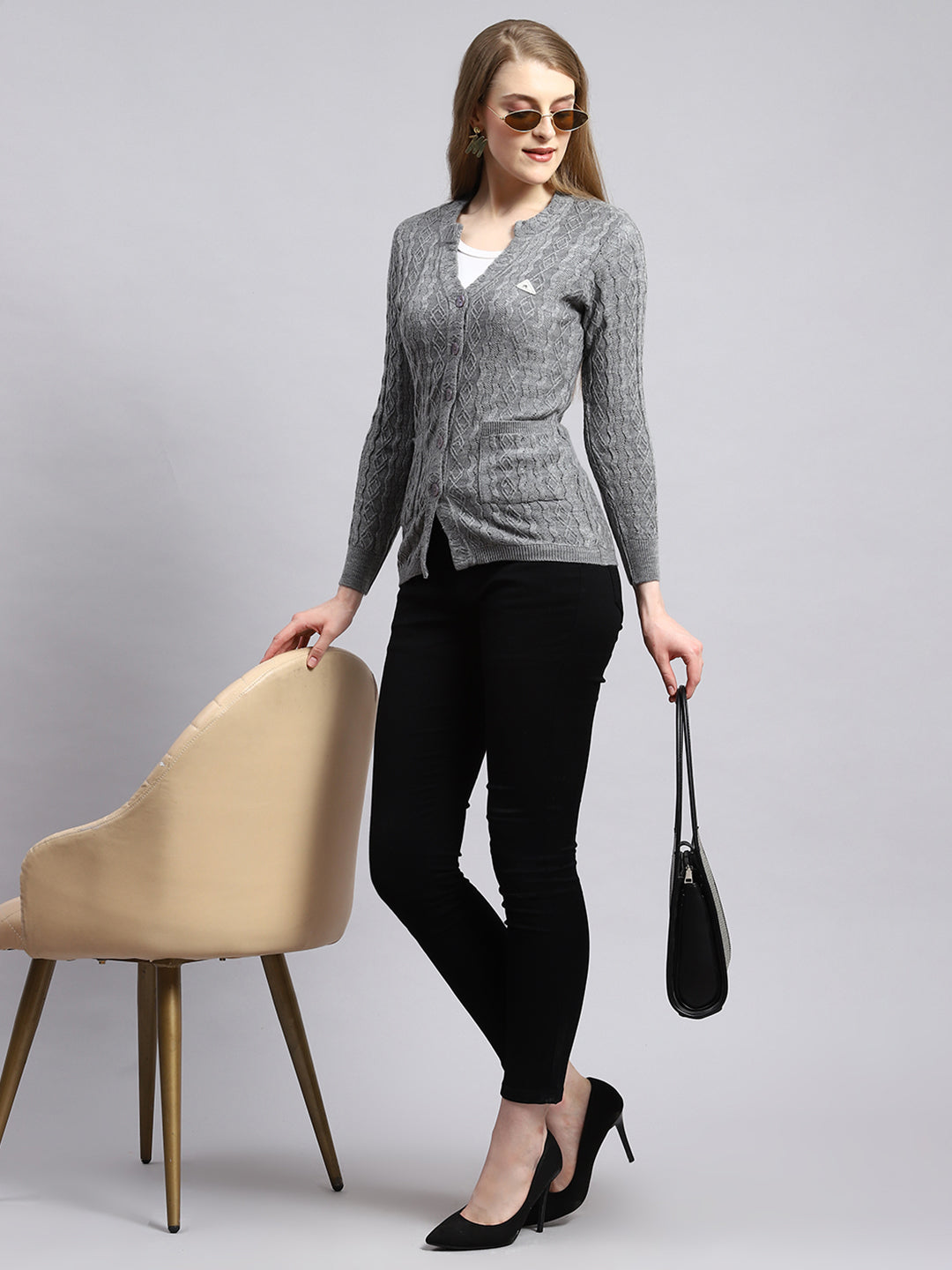 Women Grey Self Cardigan