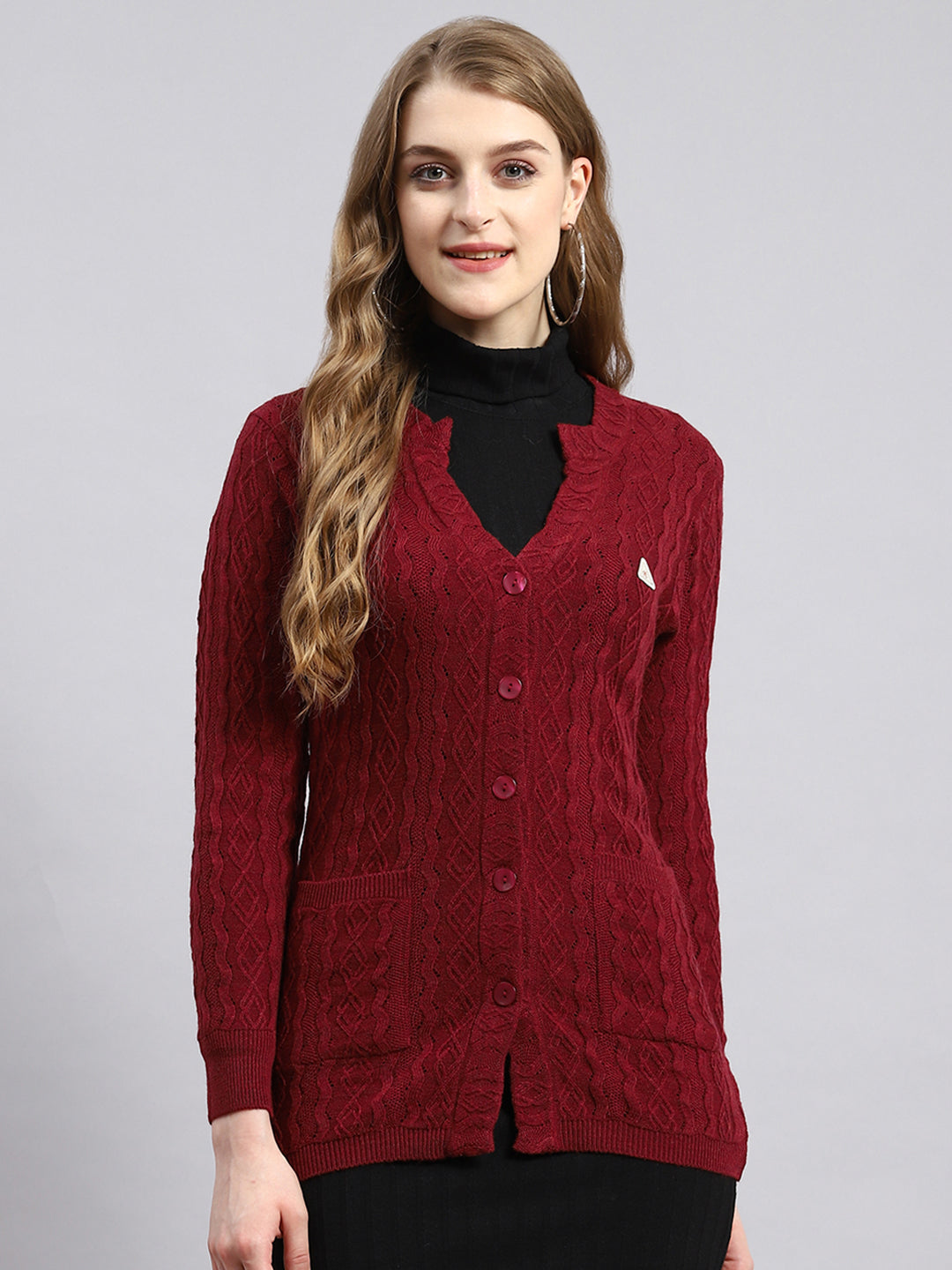 Women Maroon Self Cardigan