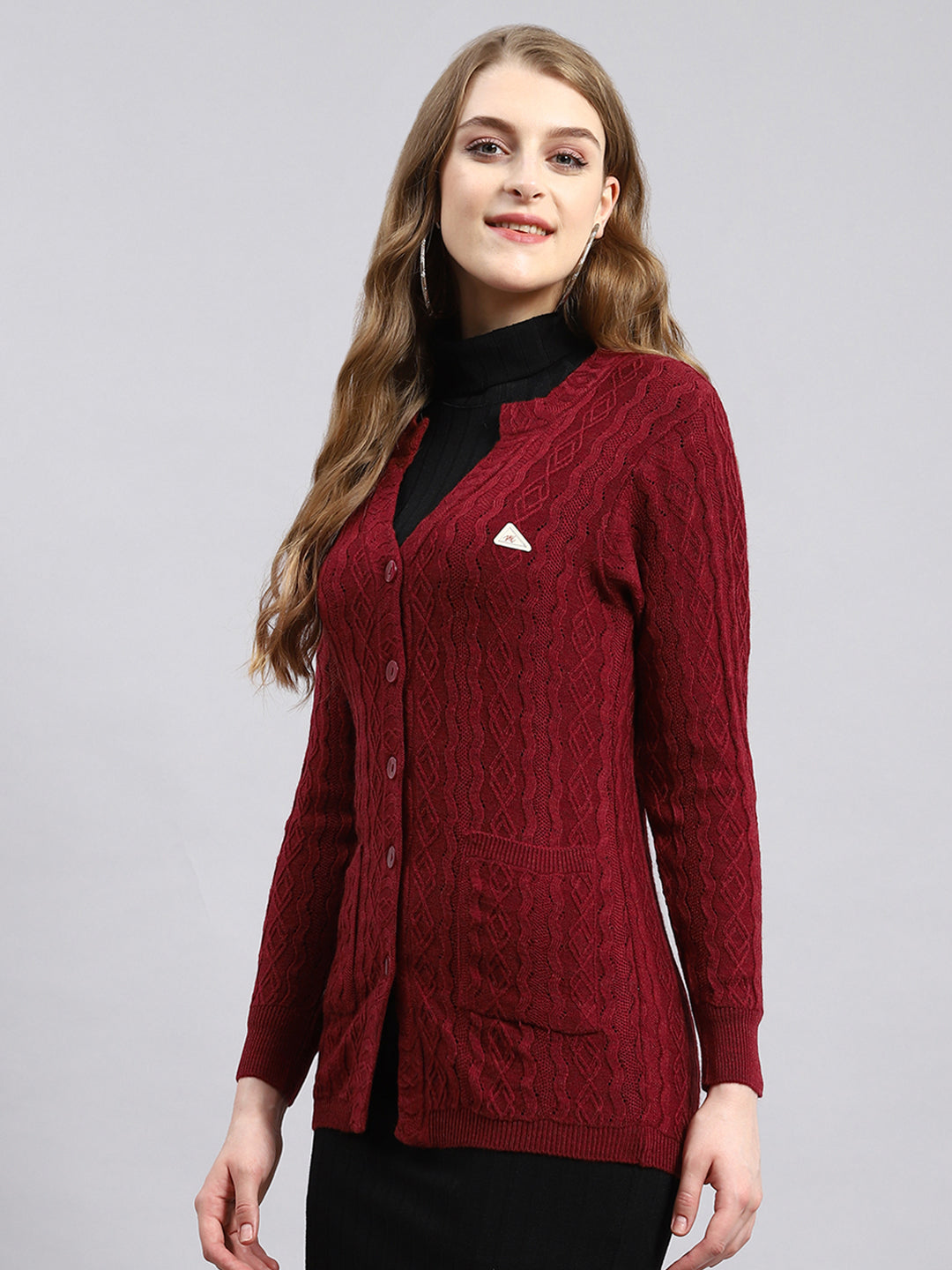 Women Maroon Self Cardigan