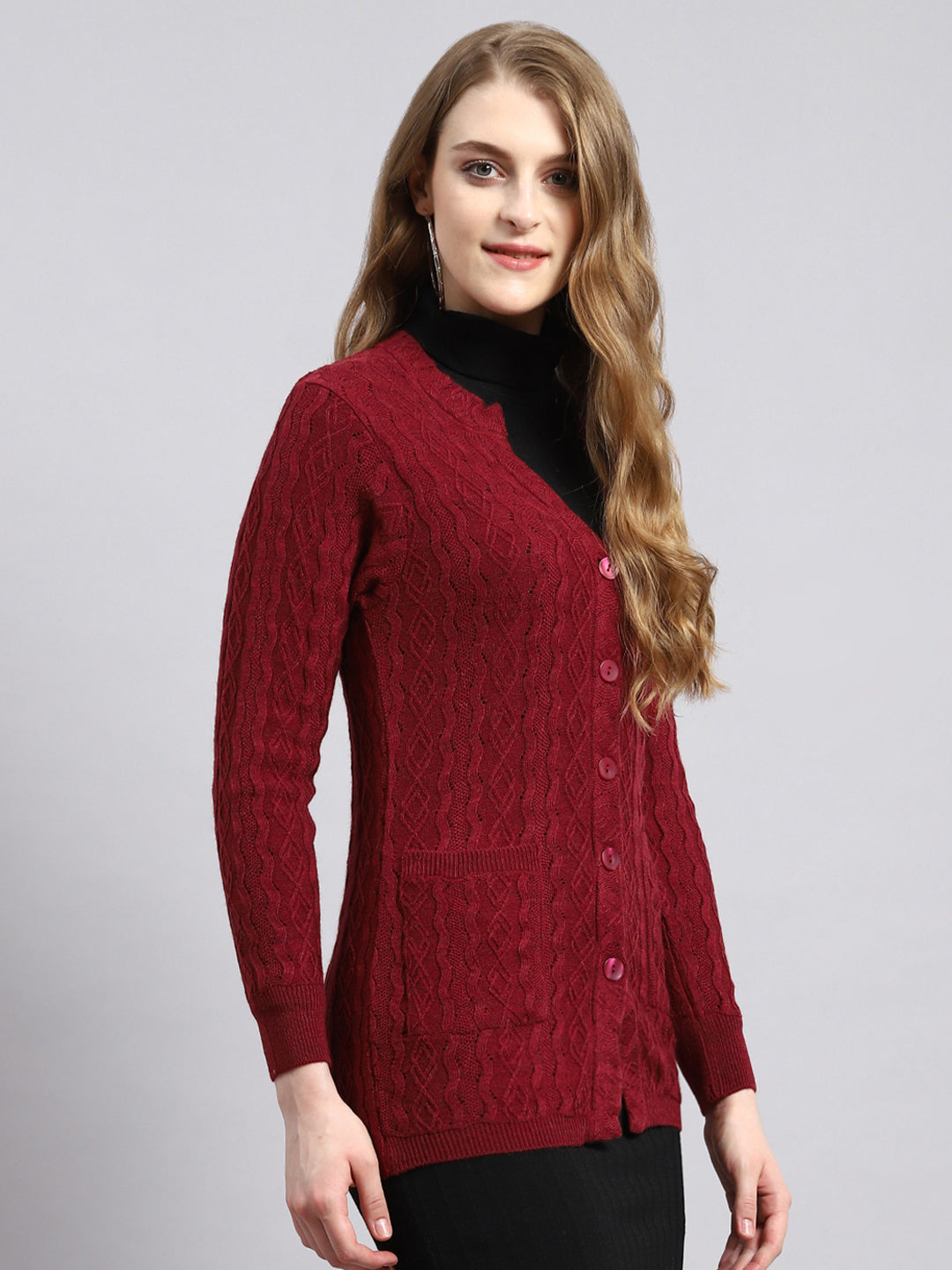 Women Maroon Self Cardigan