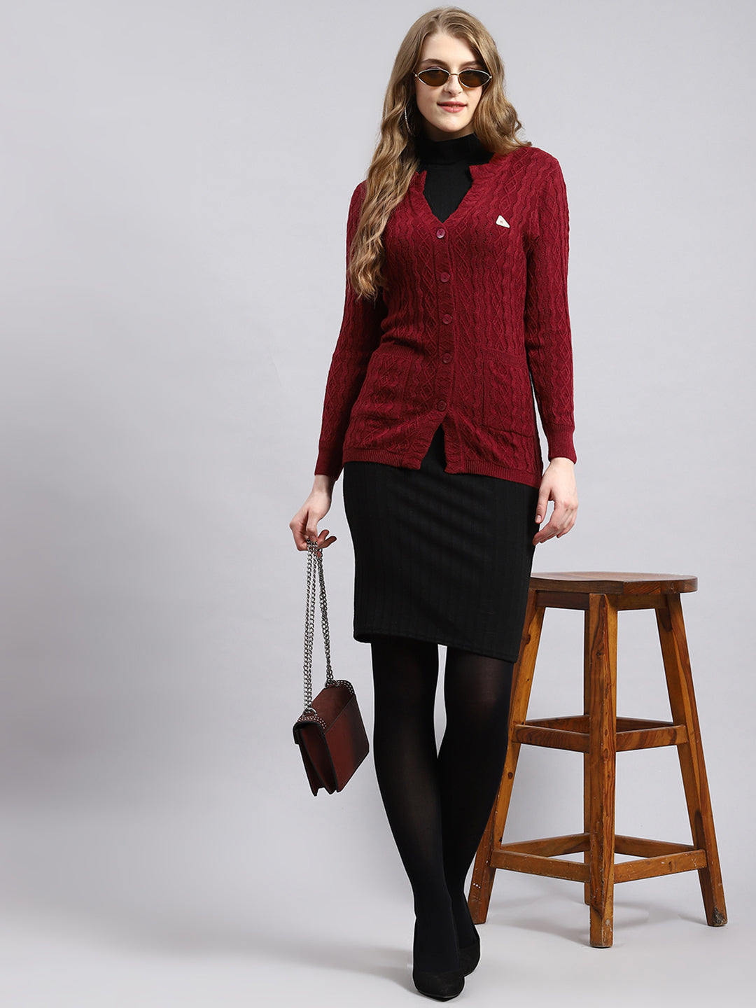 Women Maroon Self Cardigan