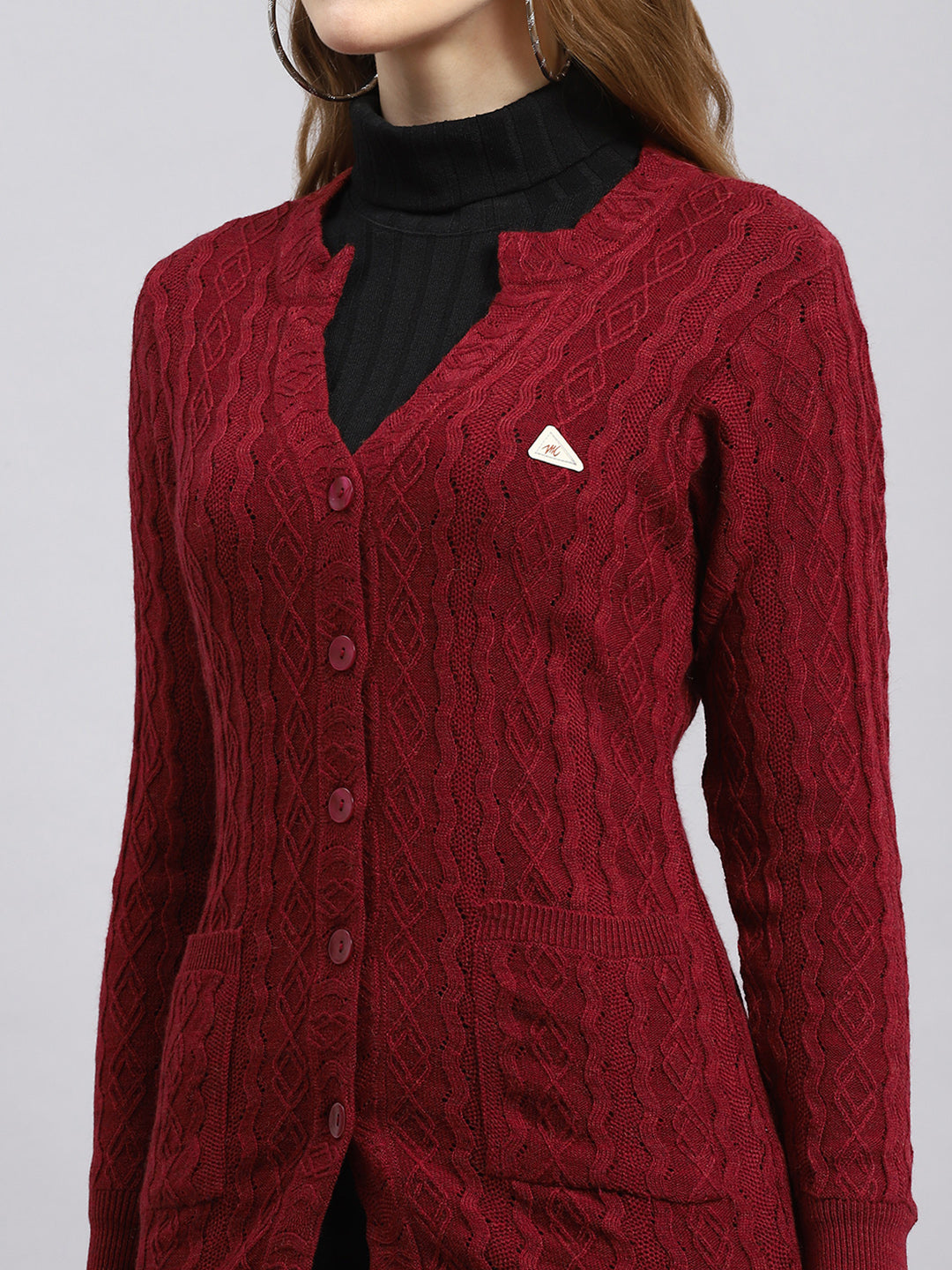 Women Maroon Self Cardigan