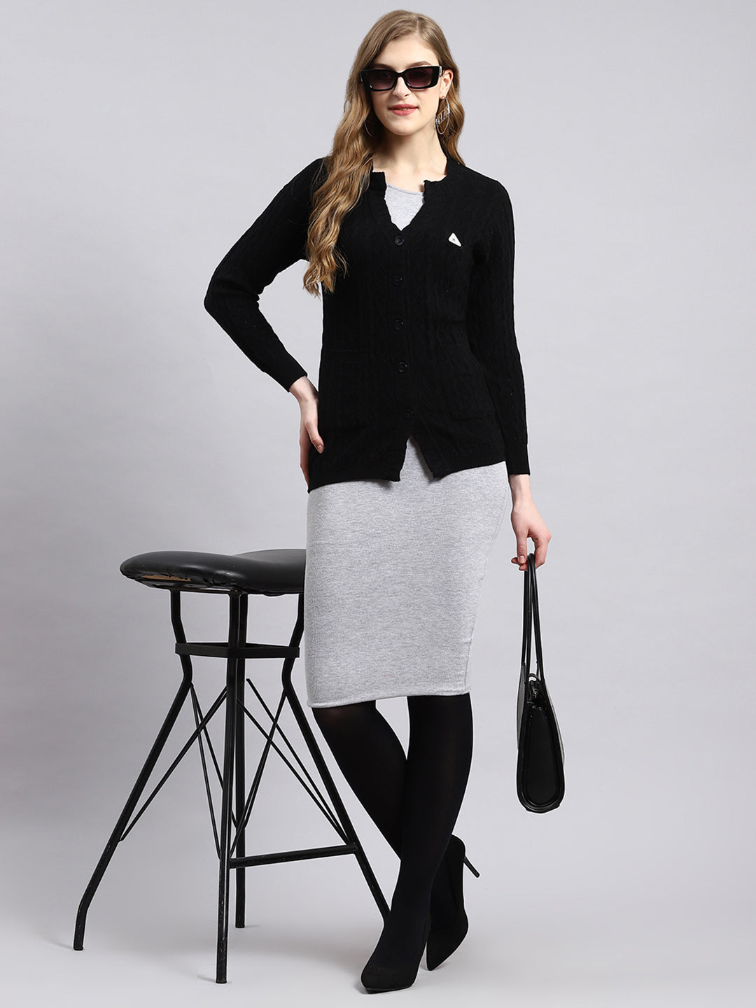 Women Black Self Cardigan